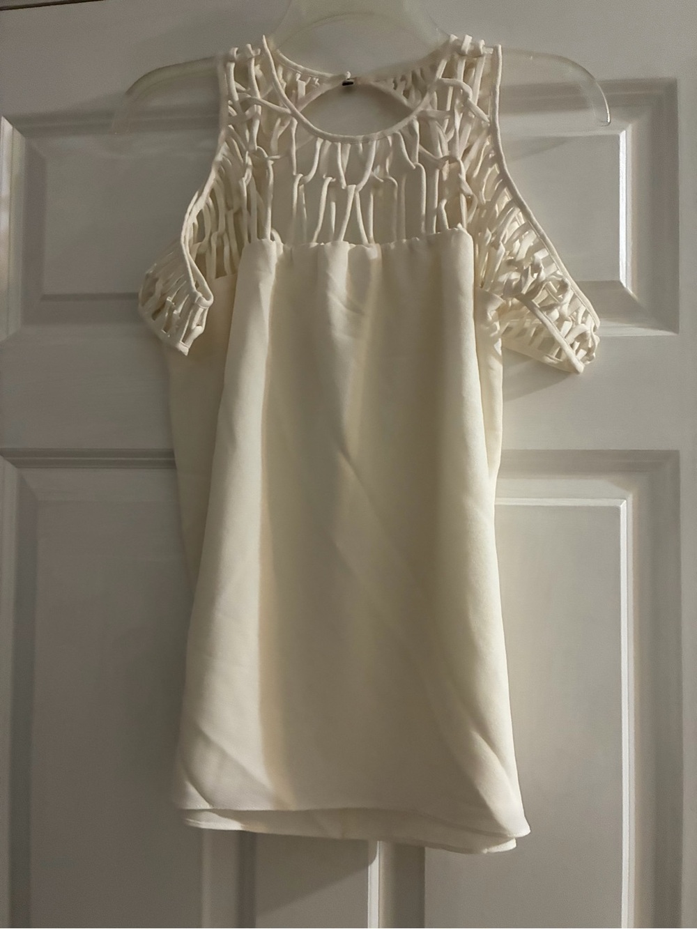 Nicole Miller Cream Crochet Yoke Cold-Shoulder Blouse